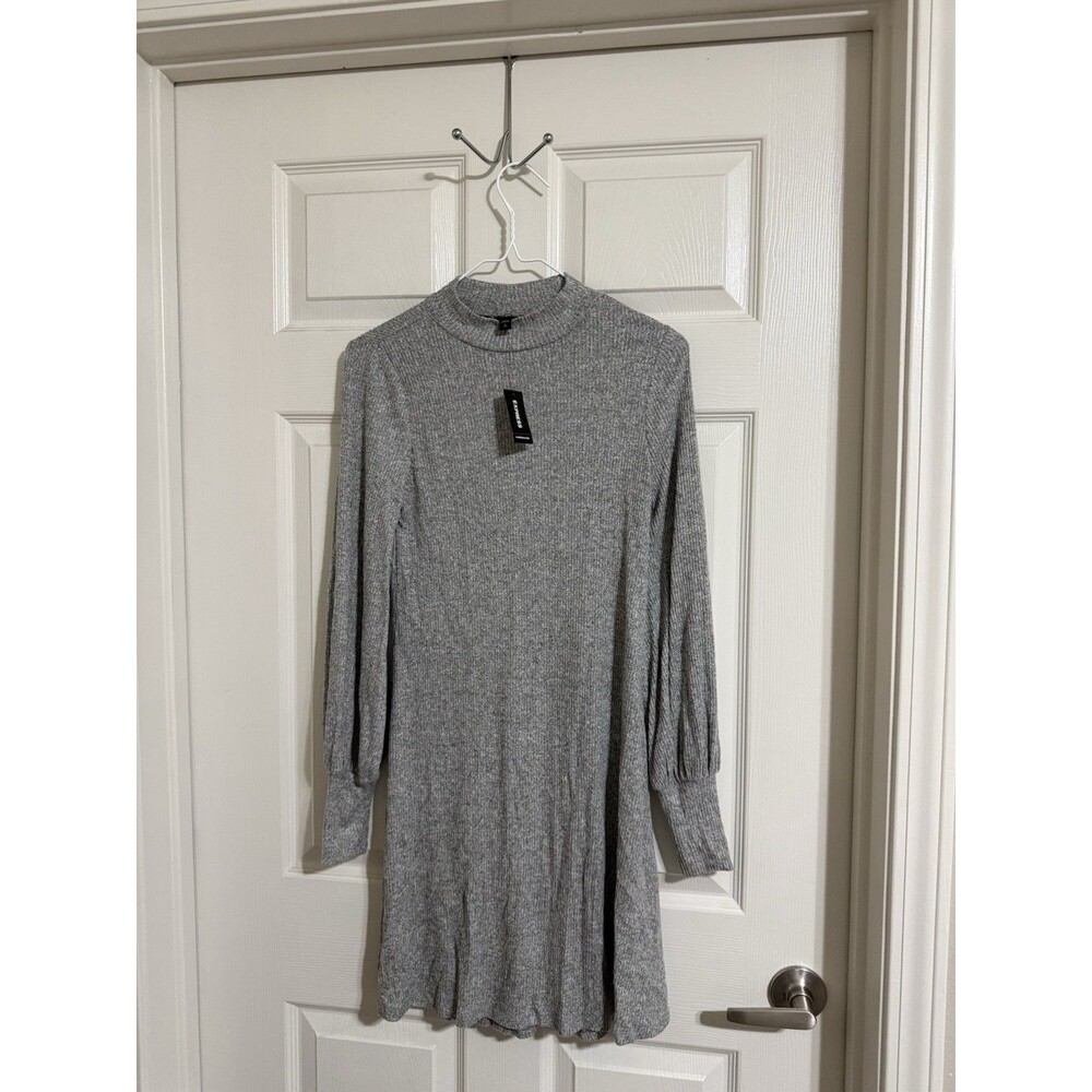 Express Women’s Ribbed Knit Sweater Dress S Gray Crew Neck Long Sleeve Pullover